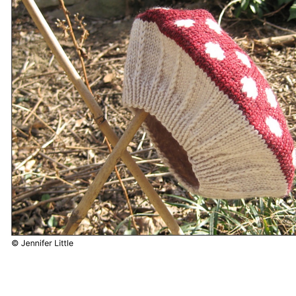 Hand made, red or green knitted mushroom hat.